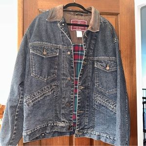Mens GAP premium, standard flannel lined  jean Denim jacket large Leather Collar